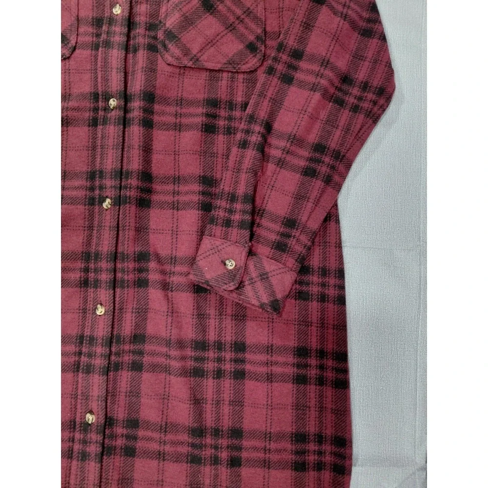 Thread & Supply Fleece Button Down Shirt Dress LG Long Coat Burgundy Plaid